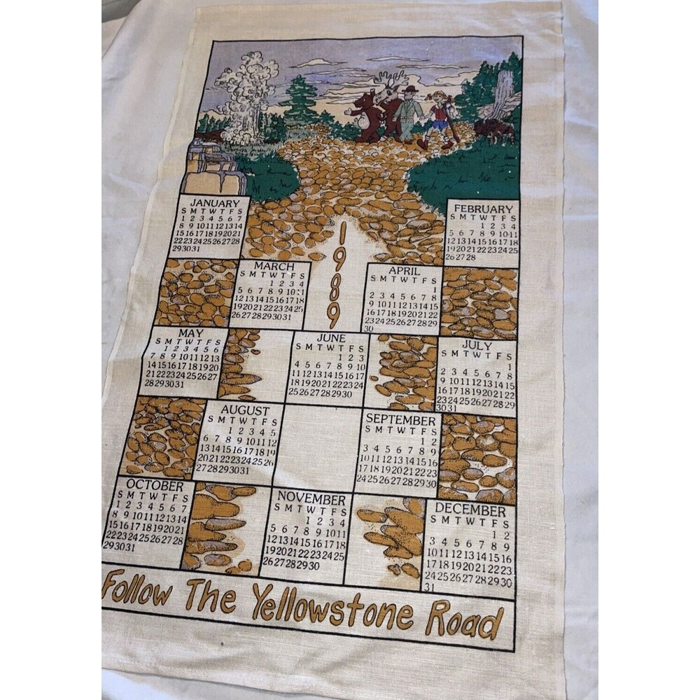 BEAUTIFUL Vintage 1989 Yellowstone Road Calendar Tea Towel Wall Hanging Nice!